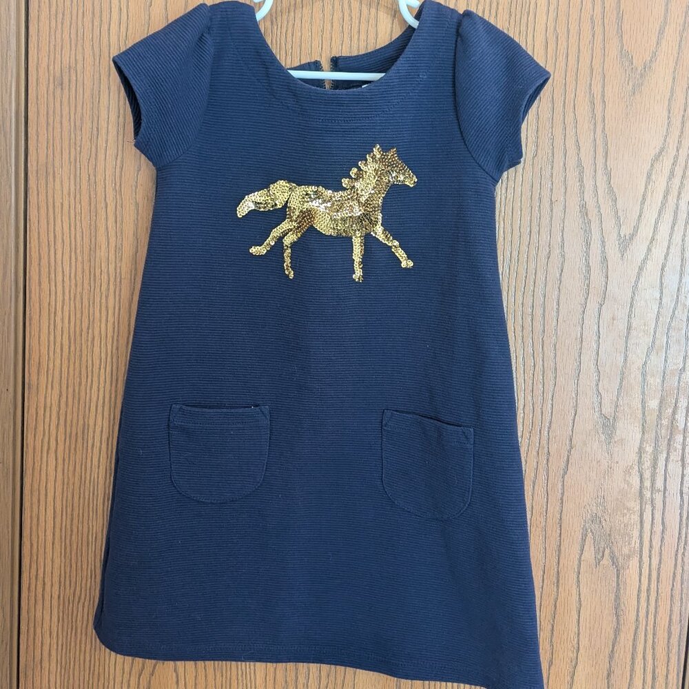 Gymboree Cap Sleeve Ribbed Gold Sequin‎ Horse Dress with Pockets -Girls 5
